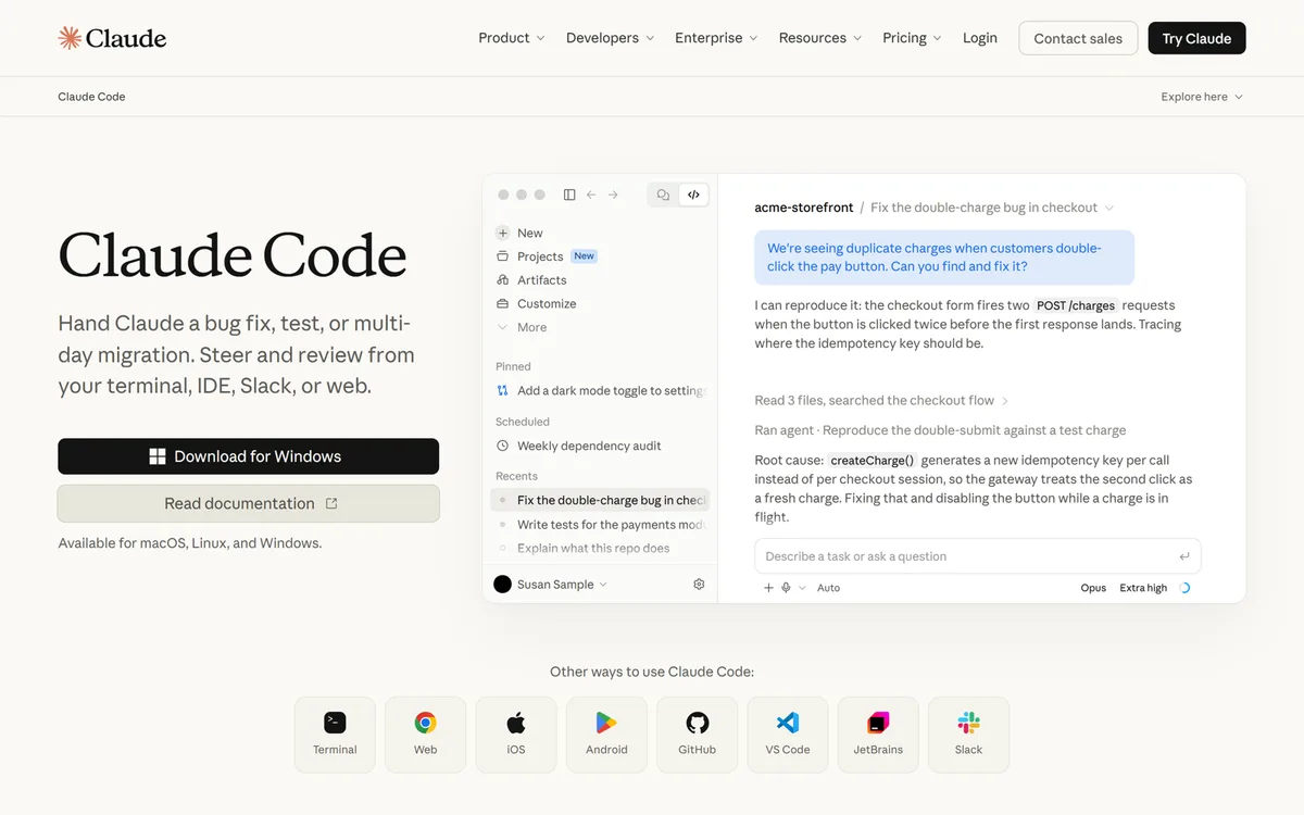 Claude Code product page from Anthropic showing the desktop app and the other ways to use Claude Code