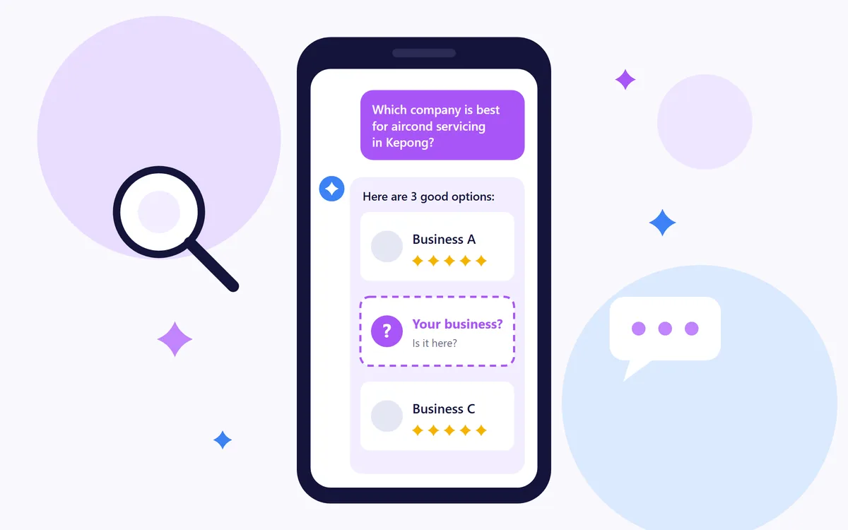 Illustration of a phone where someone asks AI which aircond servicing company is best in Kepong, with a space asking if your business is in the answer